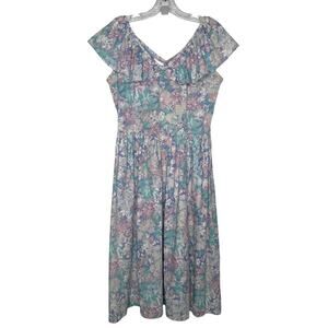 Vintage Lerner Pastel Floral Ruffle Midi Dress Made in USA cottagecore medium